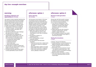 day two: example exercises




morning                                              afternoon: option 1                            afternoon: option 2
Identifying challenges and                           Action planning                                Business model generation
opportunities (85 minutes)                           (50 minutes)                                   (1 hour)

This session is about explicitly identifying the     The ﬁnal group work session in this type       Groups stay with their speciﬁc scenario.
risks and opportunities that have emerged            of workshop process involves getting           Put aside the current business strategy
out of group discussion during immersion             participants to the point where they have      for a moment and ask yourselves:
sessions. Most of this will have come up             identiﬁed a small number of sustainable        • If you were an entrepreneur in this
already, so it is a matter of getting it down        mobility solutions that would be robust           scenario and you wanted to set up a
on paper, plus teasing out more thinking.            in each of the four scenarios. In the             new fashion company (with global
• Urge people to think about mobility as             action planning session, they will begin          ambitions), what sort of company
   a means of access – to social capital,            to identify the high-level actions that will      would this be?
   to ﬁnancial capital, information, etc. –          be needed to implement these solutions.        • Please describe this new company’s
   not just as transport.                            • Begin with a plenary discussion: for            business model (product, service,
• Ask them to write down each challenge                 the opportunities we came up with,             markets, supply chains etc).
   and opportunity on a post-it.                        what solutions could help us capitalise     • What would this company’s key assets
• Thinking about the challenges and                     on them?                                       be, what differentiated it and made it a
   opportunities encapsulated in your city           • Get people to identify 3–5                      commercial success?
   sketch, discuss the best ways in this                potential solutions.
   city of the future of providing access:           • Form working groups, one per                 Testing the innovations
   > to employment opportunities.                       proposed solution.                          (1 hour)
   > to goods and services.                          • For the solutions that have been
   > to friends and family.                             prioritised:                                In plenary, discuss the following:
   > for the urban poor.                                > What are the short term, medium term      • Is there anything in common between the
   > within environmental limits.                          and long term actions to implement          different business model innovations?
• Use the follow on session to share each                  the idea?                                • Is there one that could be successful in
   group’s risks and opportunities in plenary,          > What organisation needs to do what?          all four scenarios?
   cluster according to themes.                         > What further information is required?     • Alternatively, are there elements of each
• Prioritise three key opportunities based              > Other action planning e.g. different         – e.g. speciﬁc products/services – that
   on their applicability to each scenario.                actors, gateways, barriers etc?             could form part of a successful innovation
                                                                                                       process in each scenario?
                                                                                                    • What are the key next steps in shifting
                                                                                                       to the most interesting/viable business
                                                                                                       model ideas?




  Return to contents                               4. plan for the future now > how to run a workshop using the scenarios                           page 54
 