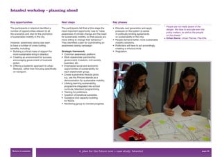 Istanbul workshop – planning ahead


Key opportunities                                 Next steps                                     Key phases
                                                                                                                                               “ People are not really aware of the
The participants in Istanbul identiﬁed a          The participants felt that at this stage the   • Educate next generation and apply
                                                                                                                                                 danger. We have to educate even the
number of opportunities relevant to all           most important opportunity was to “raise         pressure on the system (a series
                                                                                                                                                 policy makers, as well as the people
the scenarios and vital for the promotion         awareness of climate change and the need         of politically binding agreements
                                                                                                                                                 on the streets.”
of sustainable mobility in the city.              for sustainable mobility, so that people are     on sustainability in the city).
                                                                                                                                               > Orhan Demir, Urban Planner, PlanOﬁs
                                                  more willing to change their behaviour.”       • People demand better, more sustainable
However, awareness raising was seen               They identiﬁed a plan for coordinating an        mobility solutions.
to have a number of cross-cutting                 awareness-raising campaign:                    • Politicians will have to act accordingly,
beneﬁts, including:                                                                                creating a virtuous circle.
• Building a critical mass of support for         Strategic framework                            • Regulation.
   more sustainable living in Istanbul.           • Common awareness platform.
• Creating an environment for success,            • Multi-stakeholder partnership:
   encouraging government or business               government, investors, civil society,
   action.                                          business, etc.
• Offering a systemic approach to urban           • Emphasise social and economic
   lifestyles, rather than focusing speciﬁcally     opportunities of sustainability for
   on transport.                                    each stakeholder group.
                                                  • Create sustainable lifestyle pilots:
                                                    e.g. use the Princes Islands as a
                                                    demonstration for sustainable mobility.
                                                  • Lifelong learning sustainability.
                                                    programme integrated into school
                                                    curricula, television programming.
                                                  • Training for politicians.
                                                  • Creation of beneﬁcial subsidies.
                                                  • Guidance and capacity-building
                                                    for NGOs.
                                                  • Monitoring group to oversee progress.




  Return to contents                                               4. plan for the future now > case study: Istanbul                                                             page 59
 