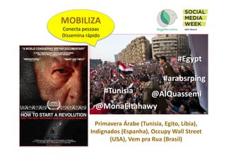 MOBILIZA	
  
Conecta	
  pessoas	
  
Dissemina	
  rápido	
  
Primavera	
  Árabe	
  (Tunisia,	
  Egito,	
  Líbia),	
  
Indignados	
  (Espanha),	
  Occupy	
  Wall	
  Street	
  
(USA),	
  Vem	
  pra	
  Rua	
  (Brasil)	
  
#Tunisia	
  
#Egypt	
  
#arabsrping	
  
@MonaEltahawy	
  
@AlQuassemi	
  
 