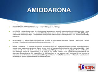 AMIODARONA
S PRESENTACIÓN: TRANGOREX® 1 amp = 3 mL = 150 mg; (1 mL = 50 mg).
S ACCIONES: Antiarrítmico (clase III). • Enlentece el automatismo sinusal, la conducción aurículo ventricular a nivel
nodal y vías accesorias, disminuye la excitabilidad cardiaca a nivel global. (Aumenta los intervalos PR, QRS y QT). •
Antagonista adrenérgico a y b. • Propiedades antianginosas. • Produce VD arterial periférica con disminución de TA y
postcarga.
S INDICACIONES : Taquicardia supraventricular o nodal. • Taquicardias asociadas a WPW. • Fibrilación y flutter
auricular. • Taquicardia ventricular resistente o recidivante. • FV.
S DOSIS: ADULTOS: En arritmias en general, la dosis de carga es 5 mg/kg en 20-30 min (posible efecto hipotensor),
valorar dosis suplementarias de 150 mg en 10 min. Dosis de mantenimiento 15 mg/kg (900-1200 mg) en 24 h. Para
control de F.C. en FA más de 48 horas dosis inicial de sólo 150 mgr. durante 10 min seguida de infusión 0.5-1 mg/min
para disminuir riesgo de cardioversión. En el seno de una parada cardiaca, si la FV/TV persiste después de tres
descargas. Dosis de carga: 300 mg en 20 mL de SG5% en bolo IV, y si requiere una 2ª dosis de 150 mg, seguida de
una dosis de mantenimiento con infusión de 900 mg en 24 horas en la FV/TV recurrente o refractaria. Las diluciones
se realizan en SG 5% preferentemente en envase de cristal.
 