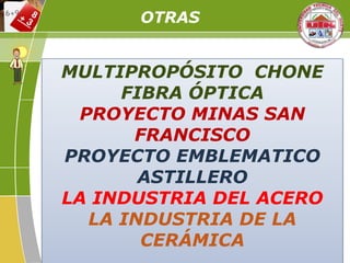 MULTIPROPÓSITO CHONE
FIBRA ÓPTICA
PROYECTO MINAS SAN
FRANCISCO
PROYECTO EMBLEMATICO
ASTILLERO
LA INDUSTRIA DEL ACERO
LA INDUSTRIA DE LA
CERÁMICA
OTRAS
 