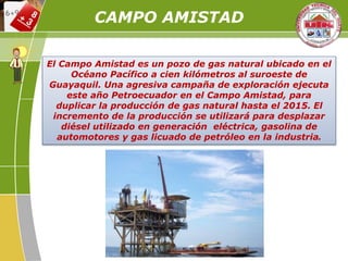 El Campo Amistad es un pozo de gas natural ubicado en el
Océano Pacífico a cien kilómetros al suroeste de
Guayaquil. Una agresiva campaña de exploración ejecuta
este año Petroecuador en el Campo Amistad, para
duplicar la producción de gas natural hasta el 2015. El
incremento de la producción se utilizará para desplazar
diésel utilizado en generación eléctrica, gasolina de
automotores y gas licuado de petróleo en la industria.
CAMPO AMISTAD
 
