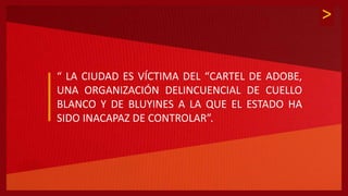>
“ LA CIUDAD ES VÍCTIMA DEL “CARTEL DE ADOBE,
UNA ORGANIZACIÓN DELINCUENCIAL DE CUELLO
BLANCO Y DE BLUYINES A LA QUE EL ESTADO HA
SIDO INACAPAZ DE CONTROLAR”.
 
