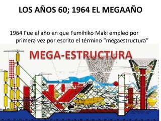 LOS AÑOS 60; 1964 EL MEGAAÑO

1964 Fue el año en que Fumihiko Maki empleó por
  primera vez por escrito el término “megaestructura”
 