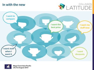 I want my 
stuff now 
In with the new 
I want stuff 
when I 
want it 
I want 
discounts 
I want to 
compare 
I want the 
best price 
Mega Event Asia-Pacific 
20-21st August 2014 
 