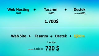 Web Hosting Tasarım Destek
100$ 1.000$ 12*50$ = 600$
1.700$
Web Site Tasarım Destek Eğitim
2 Yıl İçin
( KDV Dahil ) Sadece 720 $
+ +
+ + +
 
