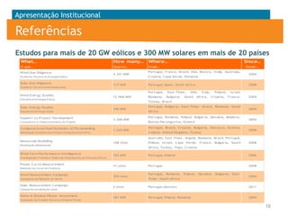 Apresentação Institucional

Referências
Estudos para mais de 20 GW eólicos e 300 MW solares em mais de 20 países
What…

How many…

Where…

O quê…

Quanto…

Onde…

Wind Due Diligence

4.341 MW

Auditoria Técnica em Energia Eólica

Solar Due Diligence

117 MW

Since…
Desde...

Portugal, France, Brazil, USA, Mexico, I tally, Australia,
Croatia, Cape Verde, Romania
Portugal, Spain, South Africa

2004
2008

Auditoria Técnica em Energia Solar

Wind Energy Studies

Portugal,
12.968 MW

Estudos em Energia Eólica

Solar Energy Studies

196 MW
3.306 MW

Consultoria no Desenvolvim
ento do Projeto

Computational Fluid Dynamics (CFD) Modelling

1.343 MW

Modelação Dinâm
ica dos Fluidos Com
putacional (CFD)

Mesoscale Modelling

USA,

South

I taly,

Africa,

Poland,
Croatia,

I srael,
France,

2004

Portugal, Bulgaria, East-Timor, Brazil, Romania, South
Africa
Portugal, Romania, Poland, Bulgaria, Slovakia, Moldova,
Bosnia-Herzegovina, Greece
Portugal, Brazil, Croatia, Bulgaria, Morocco, Greece,
I reland, United Kingdom, Turkey

2005
2004
2008

Australia, East-Timor, Angola, Romania, Brazil, Portugal,
108 sites

Modelação Mesoescala

Wind Farm Performance/I ntelligence

East-Timor,
Bulgaria,

Turkey, Brazil

Estudos em Energia Solar

Support to Project Development

Romania,

Poland, I srael, Cape Verde, France, Bulgaria, South

2008

Africa, Turkey, Togo, Croatia
103 MW

Portugal, Poland

2006

31 sites

Portugal

2008

Investigação Forense e Testes de Desem
penho de Parques Eólicos

Power Curve Measurement
Medição de Curva de Potência

Wind Measurement Campaign

359 sites

Cam
panha de Medição do Vento

Solar Measurement Campaign

Portugal, Romania, Poland, Slovakia, Bulgaria, EastTimor, South Africa

2004

2 sites

Portugal (Azores)

2011

181 MW

Portugal, Poland, Romania

2004

Cam
panha de Medição Solar

Noise & Shadow Flicker Assessment
Avaliação da Em
issão Sonora e Shadow Flicker

16

 