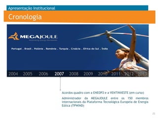 Apresentação Institucional

Cronologia

2004

2005

2006

2007

2008

2009

2010 2011 2012 2013

Acordos quadro com a ENEOP2 e a VENTINVESTE (em curso)
Administrador da MEGAJOULE entre os 150 membros
internacionais da Plataforma Tecnológica Europeia de Energia
Eólica (TPWIND)
21

 