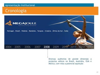 Apresentação Institucional

Cronologia

2004

2005

2006

2007

2008

2009

2010 2011 2012 2013

Diversas auditorias de grande dimensão a
projectos eólicos no Brasil, Austrália, EUA e
México, com vista a potencial aquisição

22

 