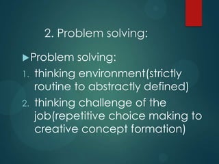 2. Problem solving:
Problem solving:
1. thinking environment(strictly
routine to abstractly defined)
2. thinking challenge of the
job(repetitive choice making to
creative concept formation)
 