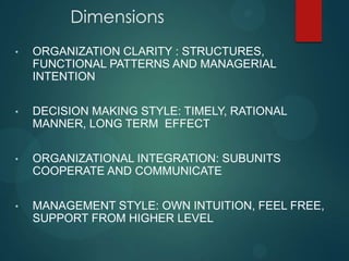 Dimensions
• ORGANIZATION CLARITY : STRUCTURES,
FUNCTIONAL PATTERNS AND MANAGERIAL
INTENTION
• DECISION MAKING STYLE: TIMELY, RATIONAL
MANNER, LONG TERM EFFECT
• ORGANIZATIONAL INTEGRATION: SUBUNITS
COOPERATE AND COMMUNICATE
• MANAGEMENT STYLE: OWN INTUITION, FEEL FREE,
SUPPORT FROM HIGHER LEVEL
 
