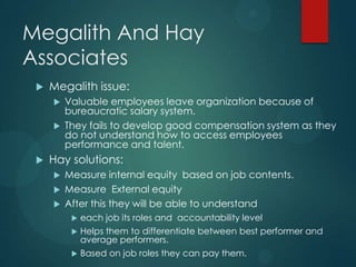 Megalith And Hay
Associates
 Megalith issue:
 Valuable employees leave organization because of
bureaucratic salary system.
 They fails to develop good compensation system as they
do not understand how to access employees
performance and talent.
 Hay solutions:
 Measure internal equity based on job contents.
 Measure External equity
 After this they will be able to understand
 each job its roles and accountability level
 Helps them to differentiate between best performer and
average performers.
 Based on job roles they can pay them.
 