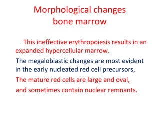 Morphological changes
bone marrow
This ineffective erythropoiesis results in an
expanded hypercellular marrow.
The megaloblastic changes are most evident
in the early nucleated red cell precursors,
The mature red cells are large and oval,
and sometimes contain nuclear remnants.
 