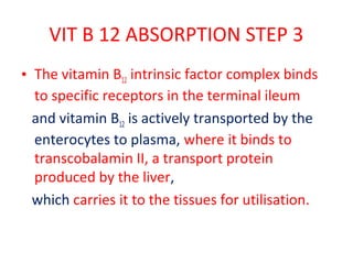 VIT B 12 ABSORPTION STEP 3
• The vitamin B12 intrinsic factor complex binds
to specific receptors in the terminal ileum
and vitamin B12 is actively transported by the
enterocytes to plasma, where it binds to
transcobalamin II, a transport protein
produced by the liver,
which carries it to the tissues for utilisation.
 