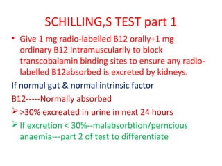 SCHILLING,S TEST part 1
• Give 1 mg radio-labelled B12 orally+1 mg
ordinary B12 intramuscularily to block
transcobalamin binding sites to ensure any radio-
labelled B12absorbed is excreted by kidneys.
If normal gut & normal intrinsic factor
B12-----Normally absorbed
>30% excreated in urine in next 24 hours
If excretion < 30%--malabsorbtion/perncious
anaemia---part 2 of test to differentiate
 