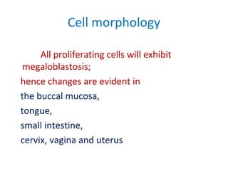 Cell morphology
All proliferating cells will exhibit
megaloblastosis;
hence changes are evident in
the buccal mucosa,
tongue,
small intestine,
cervix, vagina and uterus
 