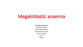 Megaloblastic anaemia
Prof Mona Aziz Gilani
FCPS(haematology)
Shaikh Zayed PGMI and
Shaikh Khalifa bin Zayed
Medical College,
Lahore
Pakistan
 