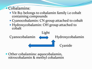 Cobalamins:
   Vit B12 belongs to cobalamin family i.e cobalt
    containing compounds
   Cyanocobalamin: CN group attached to cobalt
   Hydroxycobalamin: OH group attached to
    cobalt
                     Light
  Cyanocobalamin             Hydroxycobalamin

                                   Cyanide

 Other cobalamins: aquocobalamin,
  nitrocobalamin & methyl cobalamin
 