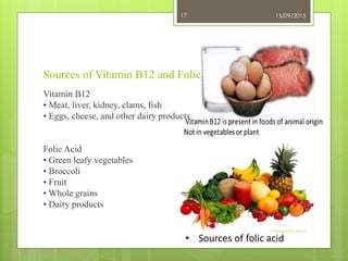 Sources of Vitamin B12 and Folic Acid
Vitamin B12
• Meat, liver, kidney, clams, fish
• Eggs, cheese, and other dairy products
Folic Acid
• Green leafy vegetables
• Broccoli
• Fruit
• Whole grains
• Dairy products
15/09/2015
Asogwa Uka
17
 