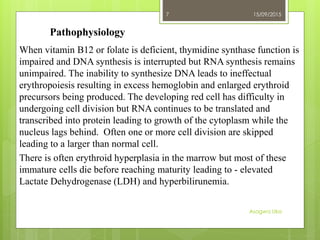 Pathophysiology
When vitamin B12 or folate is deficient, thymidine synthase function is
impaired and DNA synthesis is interrupted but RNA synthesis remains
unimpaired. The inability to synthesize DNA leads to ineffectual
erythropoiesis resulting in excess hemoglobin and enlarged erythroid
precursors being produced. The developing red cell has difficulty in
undergoing cell division but RNA continues to be translated and
transcribed into protein leading to growth of the cytoplasm while the
nucleus lags behind. Often one or more cell division are skipped
leading to a larger than normal cell.
There is often erythroid hyperplasia in the marrow but most of these
immature cells die before reaching maturity leading to - elevated
Lactate Dehydrogenase (LDH) and hyperbilirunemia.
15/09/2015
Asogwa Uka
7
 