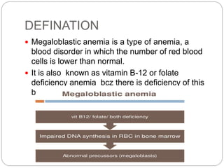 DEFINATION
 Megaloblastic anemia is a type of anemia, a
blood disorder in which the number of red blood
cells is lower than normal.
 It is also known as vitamin B-12 or folate
deficiency anemia bcz there is deficiency of this
both.
 