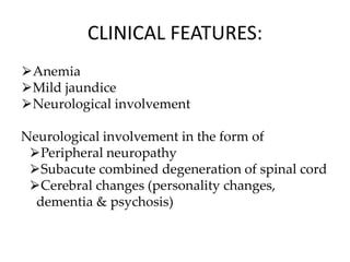 CLINICAL FEATURES:
⮚Anemia
⮚Mild jaundice
⮚Neurological involvement
Neurological involvement in the form of
⮚Peripheral neuropathy
⮚Subacute combined degeneration of spinal cord
⮚Cerebral changes (personality changes,
dementia & psychosis)
 