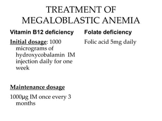 TREATMENT OF
MEGALOBLASTIC ANEMIA
Vitamin B12 deficiency
Initial dosage: 1000
micrograms of
hydroxycobalamin IM
injection daily for one
week
Maintenance dosage
1000μg IM once every 3
months
Folate deficiency
Folic acid 5mg daily
 