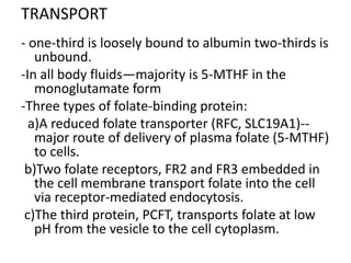 TRANSPORT
- one-third is loosely bound to albumin two-thirds is
unbound.
-In all body fluids—majority is 5-MTHF in the
monoglutamate form
-Three types of folate-binding protein:
a)A reduced folate transporter (RFC, SLC19A1)--
major route of delivery of plasma folate (5-MTHF)
to cells.
b)Two folate receptors, FR2 and FR3 embedded in
the cell membrane transport folate into the cell
via receptor-mediated endocytosis.
c)The third protein, PCFT, transports folate at low
pH from the vesicle to the cell cytoplasm.
 