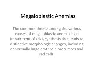 Megaloblastic Anemias
The common theme among the various
causes of megaloblastic anemia is an
impairment of DNA synthesis that leads to
distinctive morphologic changes, including
abnormally large erythroid precursors and
red cells.
 