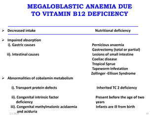 MEGALOBLASTIC ANAEMIA DUE
TO VITAMIN B12 DEFICIENCY
MECHANISM DISORDER
 Decreased intake Nutritional deficiency
 Impaired absorption
i). Gastric causes Pernicious anaemia
Gastrectomy (total or partial)
ii). Intestinal causes Lesions of small intestine
Coeliac disease
Tropical Sprue
Tapeworm Infestation
Zollinger -Ellison Syndrome
 Abnormalities of cobalamin metabolism
i). Transport protein defects Inherited TC 2 deficiency
ii). Congenital intrinsic factor Present before the age of two
deficiency years
iii). Congenital methylmalonic acidaemia Infants are ill from birth
and aciduria
2/1/2024 18
 