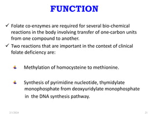FUNCTION
 Folate co-enzymes are required for several bio-chemical
reactions in the body involving transfer of one-carbon units
from one compound to another.
 Two reactions that are important in the context of clinical
folate deficiency are:
Methylation of homocysteine to methionine.
Synthesis of pyrimidine nucleotide, thymidylate
monophosphate from deoxyuridylate monophosphate
in the DNA synthesis pathway.
2/1/2024 21
 