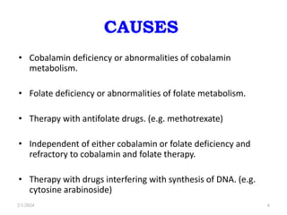 CAUSES
• Cobalamin deficiency or abnormalities of cobalamin
metabolism.
• Folate deficiency or abnormalities of folate metabolism.
• Therapy with antifolate drugs. (e.g. methotrexate)
• Independent of either cobalamin or folate deficiency and
refractory to cobalamin and folate therapy.
• Therapy with drugs interfering with synthesis of DNA. (e.g.
cytosine arabinoside)
2/1/2024 6
 
