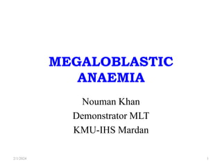 MEGALOBLASTIC
ANAEMIA
Nouman Khan
Demonstrator MLT
KMU-IHS Mardan
2/1/2024 1
 