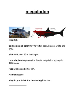 megalodon 
 
 
 
 
 12
type:​fish. 
 
body,skin and color:​they have flat body,they are white and 
grey. 
 
size:​more than 20 m the longer. 
 
reproduction:​oviparous,the female megalodon lays up to 
1200 eggs. 
 
food:​whales and other fish. 
 
Habitat:​oceans 
 
why do you think it is interesting?​the size.   
1
 
2
 
 