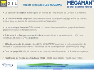 Rappel Avantages LED MEGAMAN


 Un véritable substitut à l’Halogène en termes de Température de Couleur et d’intensité.

 Le radiateur de la lampe est spécialement étudié pour qu’elle dégage moins de chaleur,
évitant ainsi les taches de spots susceptibles d’apparaitre.


 La technologie brevetée TCH assure un niveau thermique optimal, gage d’une bonne
production durant le fonctionnement.

 Tolérance à la Température de Couleur – une tolérance de seulement 100K, avec
infrarouge et chaleur UV négligeables.


 80% d’économie d’énergie – Les LEDs MEGAMAN® apportent la même production de
lumière et coûtent moins chères – les cycles de vie sont également beaucoup plus longs.

 Coût de propriété – la période de remboursement des lampes est de 9 mois en moyenne.


 Fort Indice de Rendu des Couleurs (IRC) - Ra85 pour 2800K / Ra93 pour 4000K.




                 CIDELEC 94 RUE ROUGET DE L’ISLE 92150 SURESNES, FRANCE WWW.CIDELEC.FR tel. +33 (0)1 46 25 00 20   Janvier 2010
 