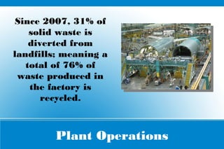 Plant Operations
Since 2007, 31% of
solid waste is
diverted from
landfills; meaning a
total of 76% of
waste produced in
the factory is
recycled.
 