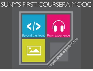 SUNY’S FIRST COURSERA MOOC

M
arg
are
t

Sc
he
de
l

&

Jen
nif
er

Ad
am
s

Beyond the Front Row Experience

1

 