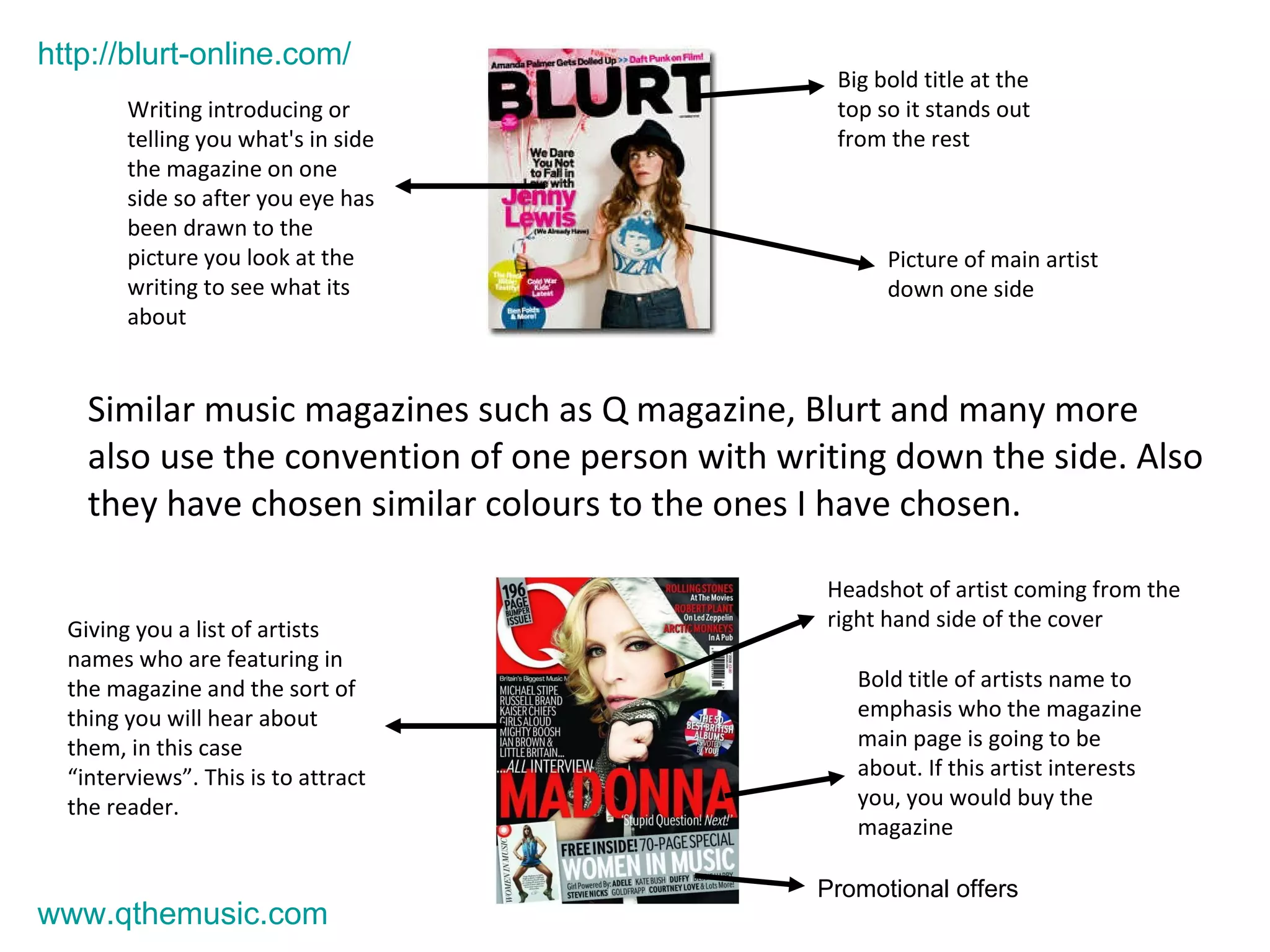 Similar music magazines such as Q magazine, Blurt and many more also use the convention of one person with writing down the side. Also they have chosen similar colours to the ones I have chosen. Big bold title at the top so it stands out from the rest Picture of main artist down one side Writing introducing or telling you what's in side the magazine on one side so after you eye has been drawn to the picture you look at the writing to see what its about Headshot of artist coming from the right hand side of the cover Bold title of artists name to emphasis who the magazine main page is going to be about. If this artist interests you, you would buy the magazine Promotional offers Giving you a list of artists names who are featuring in the magazine and the sort of thing you will hear about them, in this case “interviews”. This is to attract the reader. www.qthemusic.com http://blurt-online.com/ 