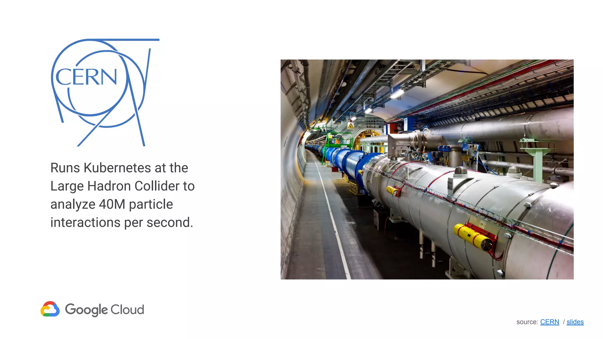 source: CERN / slides
Runs Kubernetes at the
Large Hadron Collider to
analyze 40M particle
interactions per second.
 