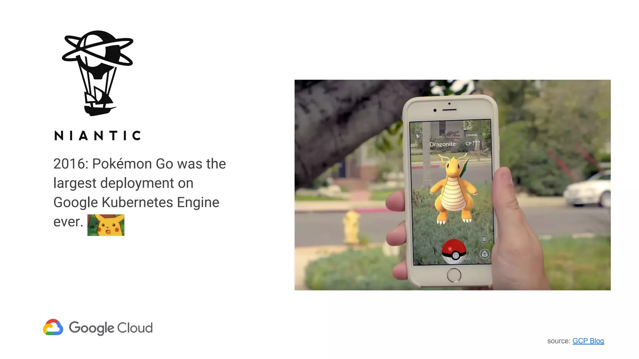 source: GCP Blog
2016: Pokémon Go was the
largest deployment on
Google Kubernetes Engine
ever.
 