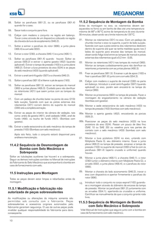 10
MEGANORM
Soltar os parafusos (901.2), ou os parafusos (901.4)
quando for o caso.
Sacar todo o conjunto para fora.
Calçar com madeira o conjunto na região em balanço.
Travar o eixo através de um dispositivo colocado na região
da chaveta da luva de acoplamento (940.2).
Soltar e extrair o parafuso do rotor (906), a junta plana
(400.4) e a arruela (932).
Extrair o rotor (230), a chaveta (940.1) e a junta (400.1).
Soltar os parafusos (901.4) quando houver. Soltar as
porcas (920.2) e extrair o aperta gaxeta (452) (quando
aplicável). Extrair a tampa de pressão (163) e a junta plana
(400.2). Extrair a luva protetora do eixo (524) e as peças
do selo mecânico (433) (quando aplicável).
Extrair o anel centrifugador (507) e a chaveta (940.2).
Soltar o parafuso (901.6) e liberar o pé de apoio (183).
Soltar os parafusos (901.5), extrair as tampas do mancal
(360) e juntas planas (400.3). Cuidado para não danificar
os retentores (421) que saem juntos com as tampas do
mancal.
Com um pedaço de chumbo bater na ponta do eixo (210)
lado sucção, fazendo com que as pistas externas dos
rolamentos (321) corram dentro do suporte do mancal
(330) até a completa extração.
Extrair as peças do interior da câmara de vedação, tais
como: anéis de gaxeta (461), anel cadeado (458), anel de
fundo (456), ou bucha de fundo (457). (Bombas com
gaxeta).
Extrair a sede estacionária do selo mecânico da tampa de
pressão (163) (Bombas com selo mecânico).
Após isto feito, todo o conjunto estará disponível para
análise e manutenção.
08.
09.
10.
11.
12.
13.
14.
15.
16.
17.
18a.
18b.
Montar os rolamentos (321) no eixo. Com um pedaço de
chumbo montar o eixo no suporte, a partir do lado sucção,
fazendo com que a pista externa dos rolamentos deslizem
dentro do suporte até quer se tenha medidas iguais nos 2
lados do suporte para encaixe das tampas do mancal,
observando folga total entre as tampas de mancal e pistas
externas dos rolamentos igual a 0,2 mm - 0,05.
Montar os retentores (421) nas tampas do mancal (360).
Montar as tampas cuidadosamente para não danificar os
retentores juntamente com as juntas planas (400.3).
Fixar os parafusos (901.5). Encaixar o pé de apoio (183) e
fixar o parafuso (901.6) junto com a arruela (554.3).
Calçar com madeira o suporte de mancal (330) na parte
em balanço. Introduzir o anel centrifugador (507) (quando
aplicável) no eixo, porém sem encostá-lo na tampa do
manca (360).
Montar os prisioneiros (902) na tampa de pressão. Fazer a
montagem do engaxetamento na câmara de vedação
(bombas com gaxeta).
Montar a sede estacionária do selo mecânico (433) na
tampa de pressão (163) (bombas com selo mecânico).
Montar o aperta gaxeta (452), encostando as porcas
(920.2).
Posicionar as peças do selo mecânico (433) na luva
protetora do eixo (524). Passar um pouco de óleo fino
(SAE 10 ou SAE 20) ou vaselina pura nas partes de
contato com o selo mecânico (433) (bombas com selo
mecânico).
Montar a luva protetora (524) no eixo, untando com
Molykote Pasta G, seu diâmetro interno. Guiar a junta
plana (400.2) na tampa de pressão, encaixar a tampa de
pressão (163) no suporte de mancal (330) e fixá-la com os
parafusos (901.4) (aperto cruzado e uniforme) quando
houver.
Montar a junta plana (400.1); a chaveta (940.1), o rotor
(230) (untar o diâmetro interno com Molykote Pasta G), a
arruela (932), a junta plana (400.4), e o parafuso do rotor
(906).
Montar a chaveta do lado acionamento (940.2), travar o
eixo com dispositivo e apertar firmemente o parafuso do
rotor (906).
Introduzir todo o conjunto no corpo espiral (102) guiando-
se a montagem através do diâmetro de encaixe da tampa
de pressão. Montar os parafusos (901.2) juntamente com
as arruelas (554.1), apertando-os cruzados e uniforme.
Certificar-se manualmente de que o conjunto girante roda
livre.
01.
02.
03.
04.
05a
05b.
.
06a.
06b.
07.
08.
09.
10.
11.5.3 Sequência de Montagem de Bomba
com Selo Mecânico e Sobreposta
Vide Manual de Instruções que seguirá junto com a bomba em
caso de fornecimento com selo mecânico.
11.4.2 Sequência de Desmontagem de
Bomba com Selo Mecânico e
Sobreposta
Soltar as tubulações auxiliares (se houver) e a sobreposta.
Seguir as demais instruções contidas no Manual de instruções
do Fabricante do Selo Mecânico que acompanhará a bomba em
caso de fornecimento com selo.
11.5 Instruções para Montagem
Todas as peças devem estar limpas e rebarbadas antes da
montagem.
11.5.2 Sequência de Montagem da Bomba
Antes da montagem no eixo, os rolamentos devem ser
aquecidos no forno ou em banho de óleo até uma temperatura
máxima de 80 a 90 C acima da temperatura do eixo durante
30 minutos, observando-se o limite máximo de 125 C.
0 0
0
11.5.1 Modificação e fabricação não
autorizada de peças sobressalentes
As modificações ou alterações da máquina somente são
permitidas sob consulta com o fabricante. Peças
sobressalentes e acessórios originais autorizados pelo
fabricante garantem segurança. O uso de outras peças pode
invalidar qualquer responsabilidade do fabricante para dano
conseqüente.
 