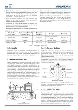 Calço Concreto
Cava
Argamassa
Chumbador
Concreto
Chapinhas
Calço
Bloco de
Fundação
MEGANORM
4
Selos Mecânicos deverão ser limpos com ar seco para
eliminar resíduos depositados entre as faces do selo. Não
deverão ser aplicados líquidos ou outros materiais de
conservação, a fim de não danificar as vedações
secundárias (O’rings e juntas planas).
As principais características dos líquidos de conservação
aqui relatados são:
Todas as conexões existentes, tais como: tomadas para
líquidos de fonte externa, escorva, dreno, quench, etc.,
deverão ser devidamente tampadas.
Os flanges de sucção e de recalque das bombas são
devidamente tampados com adesivos, a fim de evitar a
entrada de corpos estranhos no seu interior.
Antes dos líquidos de conservação serem aplicados nas
respectivas áreas, as mesmas devem ser lavadas com
gasolina ou querosene até ficarem completamente limpas.
Bombas montadas aguardando entrada em operação ou
instalação deverão ter seu conjunto girante, girado
manualmente a cada 15 dias. Em caso de dificuldade usar
grifo ou chave-cano, protegendo a superfície do eixo no local
de colocação da chave.
TECTYL 506
RUSTILO DW 301
MOBILARMA 524
Líquido de
Conservação
80 até 100
6 até 10
6
Espessura da Camada
Aplicada ( m)
½ até 1 hora
1 até 2 horas
Fica líquido
Tempo de
Secagem
Gasolina, benzol, óleo
diesel
Gasolina, benzol
Não necessário
Remoção
BRASCOLA
CASTROL
MOBIL OIL
Fabricante
Tabela 2 - Líquidos de conservação
9. Instalação
As bombas devem ser instaladas, niveladas e alinhadas por
pessoas habilitadas. Quando esse serviço é executado
incorretamente, traz como conseqüências, transtornos na
operação, desgastes prematuros e danos irreparáveis.
9.2 Nivelamento da Base
Verificar se a base apóia por igual em todos os calços. Caso
afirmativo, colocar e apertar uniformemente as porcas nos
chumbadores. Com o auxílio de um nível de precisão
(0,1mm/m), verificar o nivelamento da base no sentido
transversal e longitudinal.
Ocorrendo um desnivelamento, soltar as porcas dos
chumbadores e introduzir entre o calço metálico e a base, nos
pontos em que for necessário, chapinhas para corrigir o
nivelamento. (Vide Fig.5).
9.1 Assentamento da Base
Colocar os parafusos chumbadores nas cavas feitas no bloco
de fundação de acordo com as dimensões do desenho: Plano
de Fundação. Entre a base e o bloco de fundação devem ser
colocados ao lado dos chumbadores, calços metálicos de
mesma altura para apoio da base, sendo os mesmos fixados
com argamassa. Os chumbadores são fixados com concreto de
traço adequado, utilizando-se para posicionamento um
gabarito com furações conforme plano de fundação. Para
perfeita aderência, os chumbadores e calços metálicos devem
estar isentos de quaisquer resíduos de graxa ou de óleo.
Após completada a cura da argamassa e do concreto, colocar a
base sobre o bloco de fundação. (Vide fig. 4).
Fig. 4
Assentamento da base
Obs: Após o nivelamento da base e antes do enchimento, com
concreto, o conjunto moto-bomba deverá ser pré-alinhado
conforme instruções contidas no item 9.4.
Fig. 5
Nivelamento da base
9.3 Enchimento da Base
Para uma sólida fixação e um funcionamento livre de vibrações,
deverá ser efetuado o enchimento do interior da base com
concreto magro adequado. A preparação do concreto para este
fim deverá ser efetuada com produtos específicos existentes
no mercado de construção civil, os quais evitam a retração
durante o processo de cura, bem como proporcionam fluidez
adequada para o total preenchimento do interior da base não
permitindo a formação de espaços vazios. (Vide Fig. 6).
 