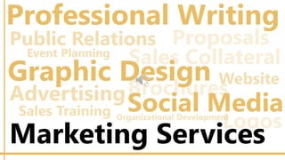 Professional Writing
Graphic Design

Social Media

Marketing Services

 