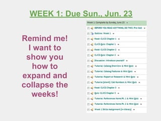 WEEK 1: Due Sun., Jun. 23
Remind me!
I want to
show you
how to
expand and
collapse the
weeks!
 