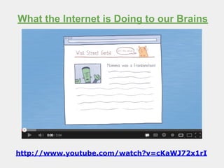 What the Internet is Doing to our Brains
http://www.youtube.com/watch?v=cKaWJ72x1rI
 