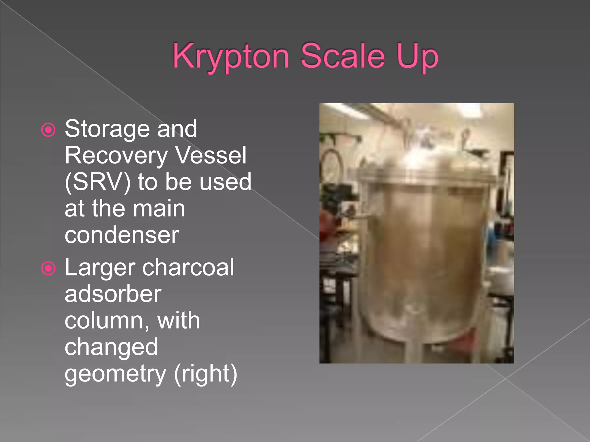 Krypton Scale UpStorage and Recovery Vessel (SRV) to be used at the main condenserLarger charcoal adsorber column, with changed geometry (right)