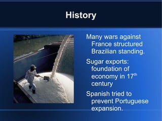 Geography (2) Famous mountains: Mantiqueira, Espinhaco, and Guiana Highlands.  