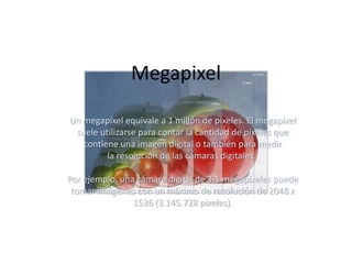 Megapixel
Un megapíxel equivale a 1 millón de pixeles. El megapíxel
suele utilizarse para contar la cantidad de píxeles que
contiene una imagen digital o también para medir
la resolución de las cámaras digitales.
Por ejemplo, una cámara digital de 3,1 megapíxeles puede
tomar imágenes con un máximo de resolución de 2048 x
1536 (3.145.728 pixeles).

 