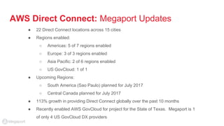 AWS Direct Connect: Megaport Updates
● 22 Direct Connect locations across 15 cities
● Regions enabled:
○ Americas: 5 of 7 regions enabled
○ Europe: 3 of 3 regions enabled
○ Asia Pacific: 2 of 6 regions enabled
○ US GovCloud: 1 of 1
● Upcoming Regions:
○ South America (Sao Paulo) planned for July 2017
○ Central Canada planned for July 2017
● 113% growth in providing Direct Connect globally over the past 10 months
● Recently enabled AWS GovCloud for project for the State of Texas. Megaport is 1
of only 4 US GovCloud DX providers
 