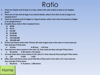 Ratio
1. There are 10 girls and 15 boys in a class, what is the ratio of girls to boys in its simplest
form?
2. There are 14 cats and 16 dogs in an animal shelter, what is the ratio of cats to dogs in its
simplest form?
3. There 22 caramels and 55 fudges in a bag of sweets, what is the ratio of caramels to fudges
in its simplest form?
4. Simplify these ratio to their simplest forms:
a) 48:60
b) 45:75
c) 63:108
d) 25:40:80
e) 24:56:96
f) 120:180:600
g) 320:400:440
5. Archie and Charlie share their Thomas the tank engine toys in the ratio 1:4, how many do
they each get if they have:
a. 10 toys b.30 toys c.45 toys
6. Tom and Jerry share sweets in the ratio 2:3, how many do they each get if they share:
a. 20 sweets b.30 sweets c.55 sweets
7. Sue and Linda share some money in the ratio 3:7, how many do they each get if they share:
a. £30 b.£60 c.£90
8. Mike, Dave and Henry share some little bits of blue tack in the ratio 1:2:3, how many do
they each get if they share:
a. 60 pieces b.72 pieces c.300 pieces
 